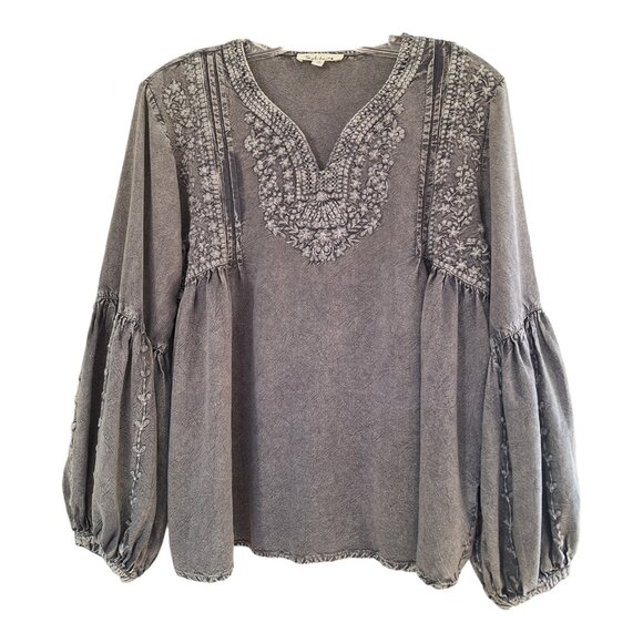 Solitaire Tops - Solitaire Gray Mineral Wash Embroidered Peasant Blouse Boho Top M Balloon Sleeve